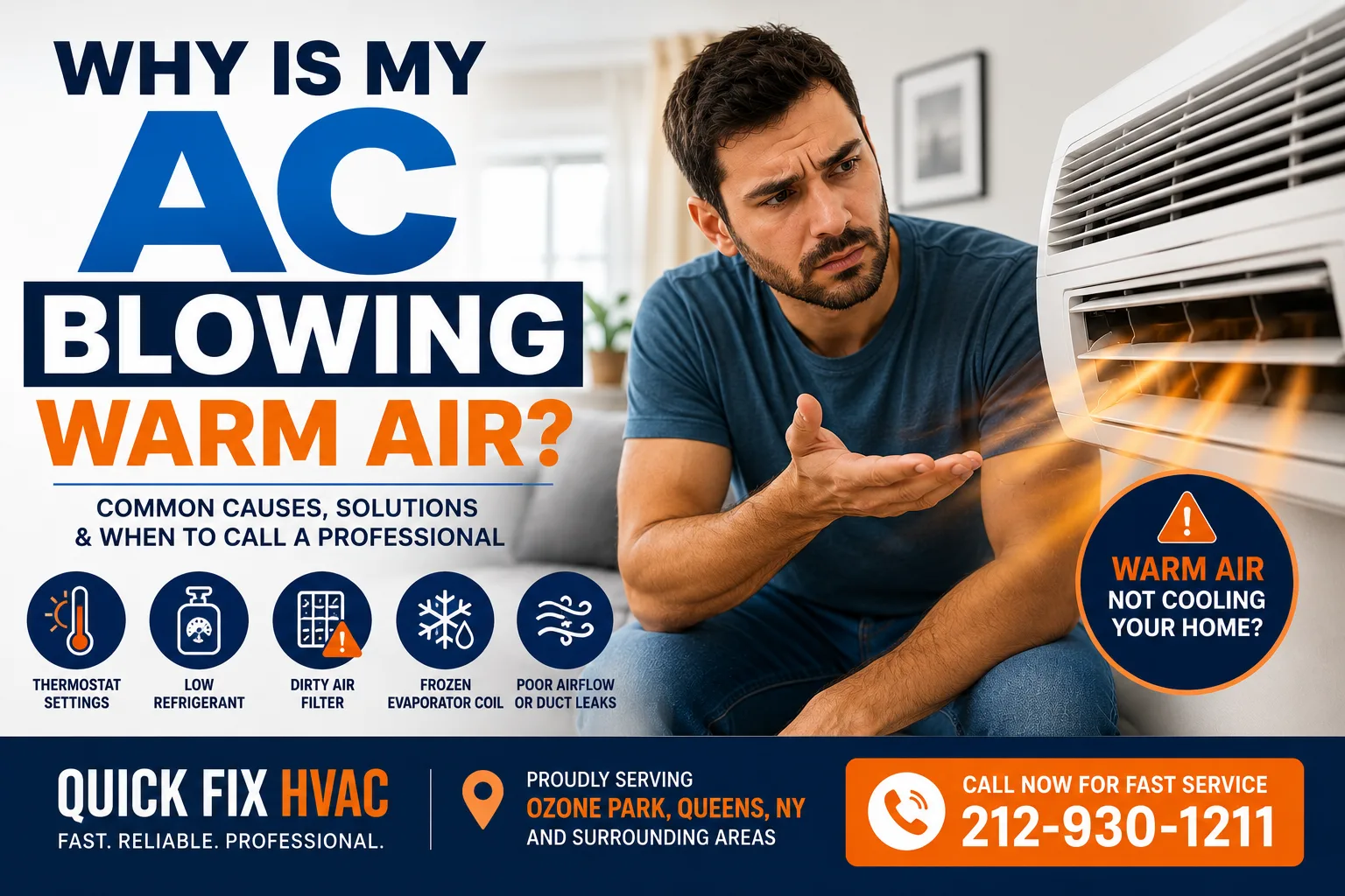 Homeowner checking air conditioner blowing warm air instead of cold air in Ozone Park NY