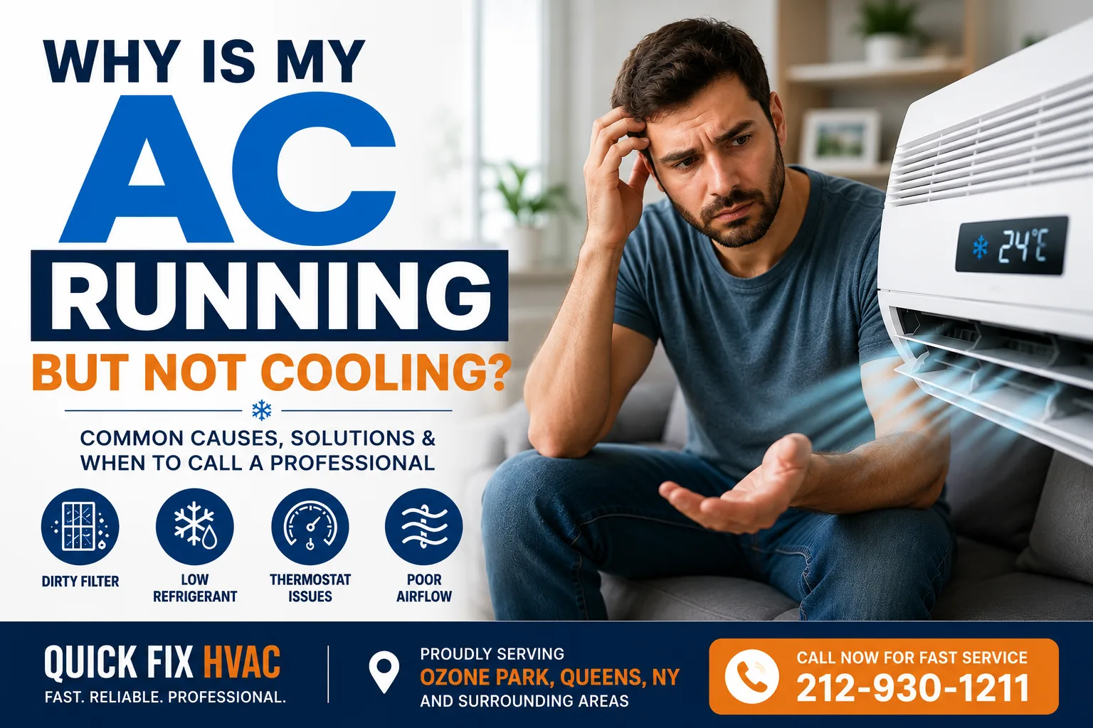 Homeowner frustrated with air conditioner running but not cooling during summer in Ozone Park NY